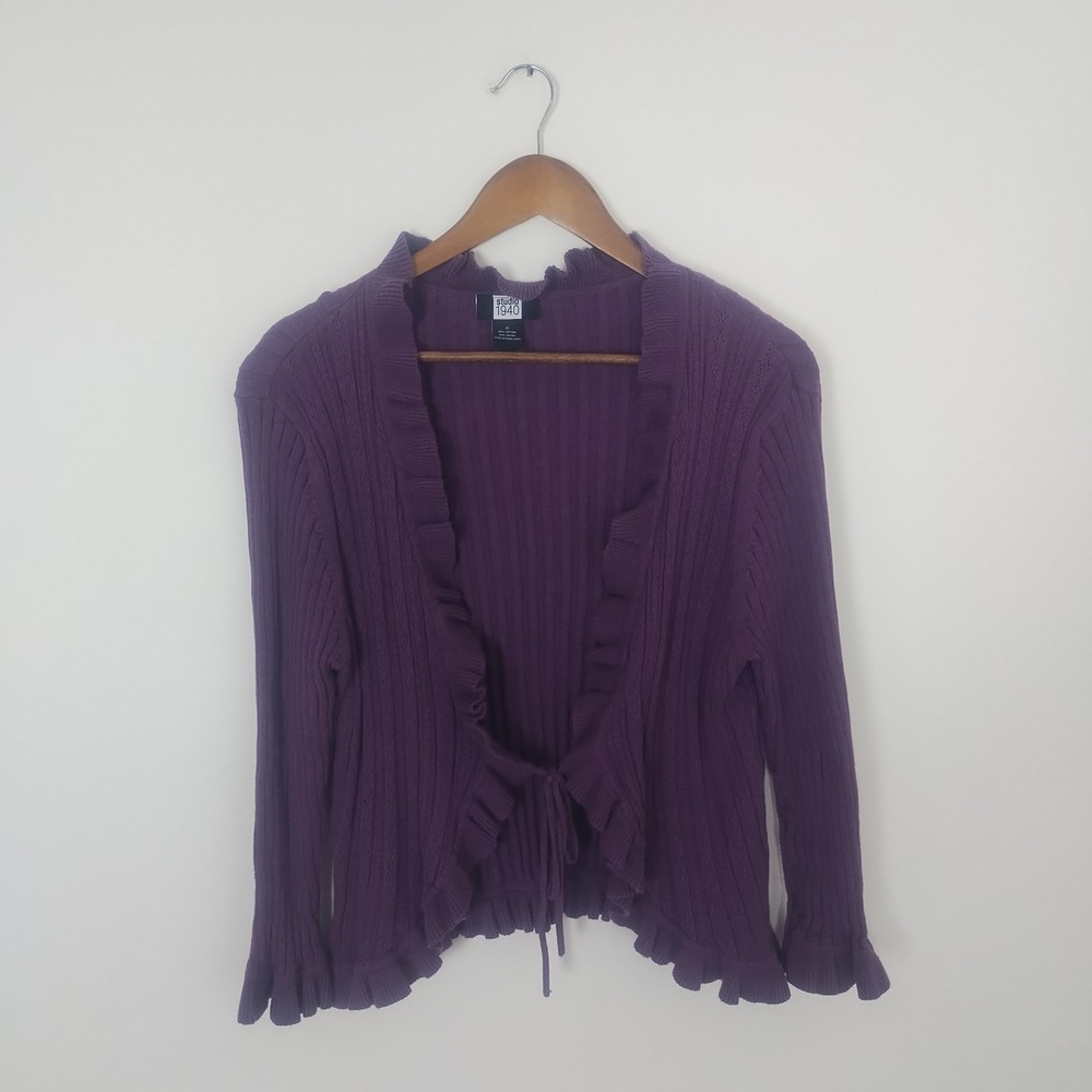 Studio 1940 Y2K Ruffle Cardigan Women's XL Purple Tie Front Ribbed Knit Coquette